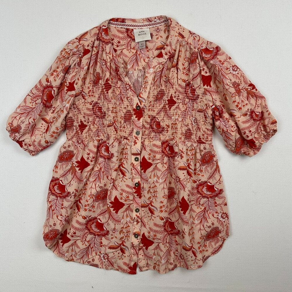 Knox Rose‎ Short Sleeve Smocked Floral Blouse